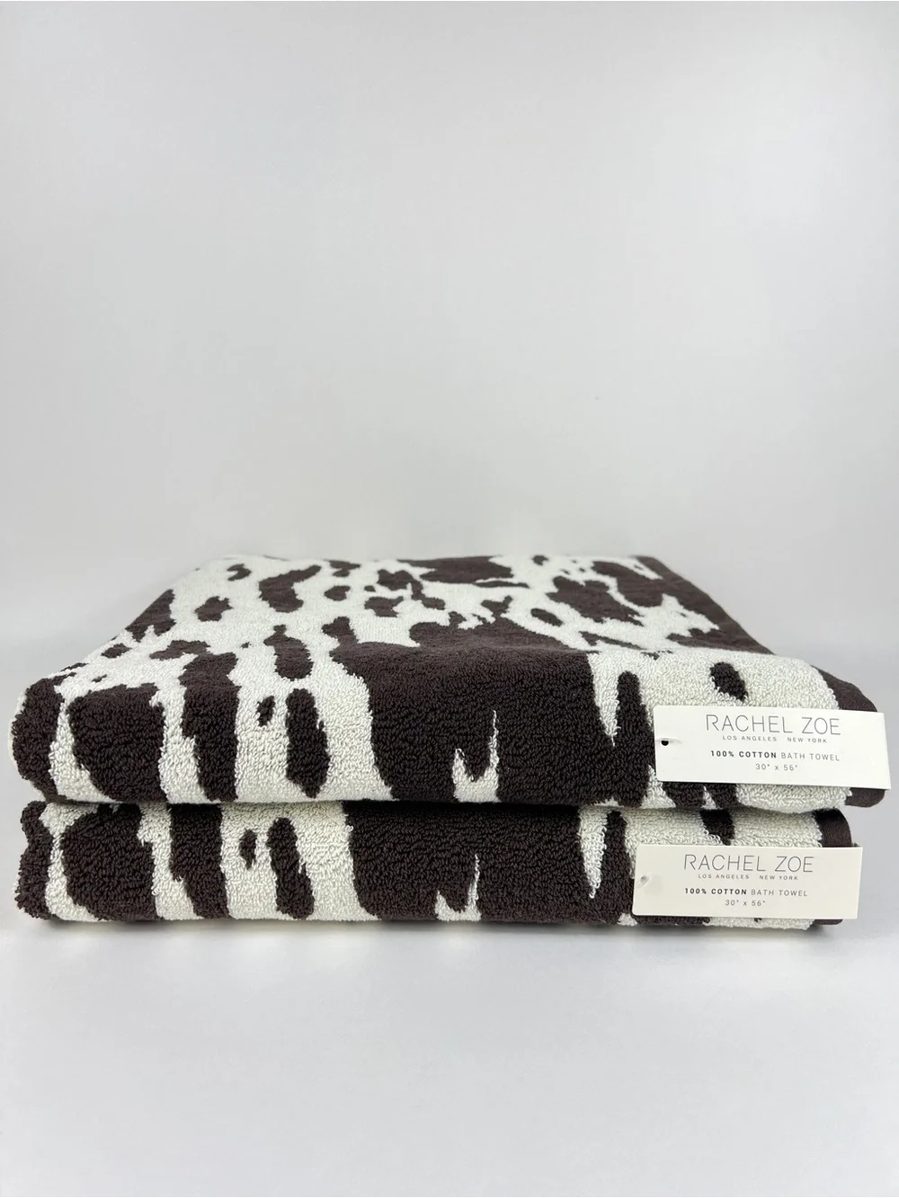 Rachel Zoe Bath Towels Cow Print Brown and Cream Soft 100% Cotton Set of 2 NEW